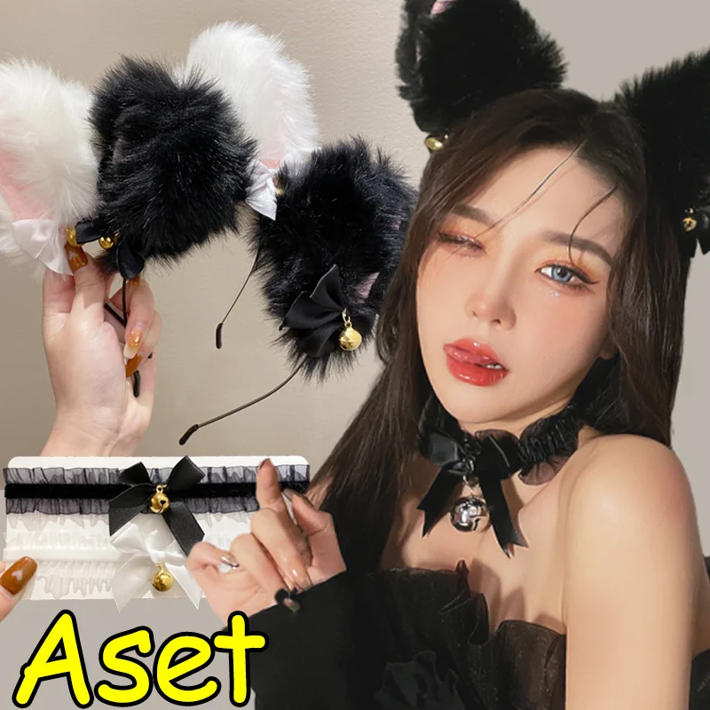 Sexy Cat Ears Headband for Women Girls Lace Bow Necklace Plush Bell Hairband Cosplay Masquerade-Party Costume Hair Accessories