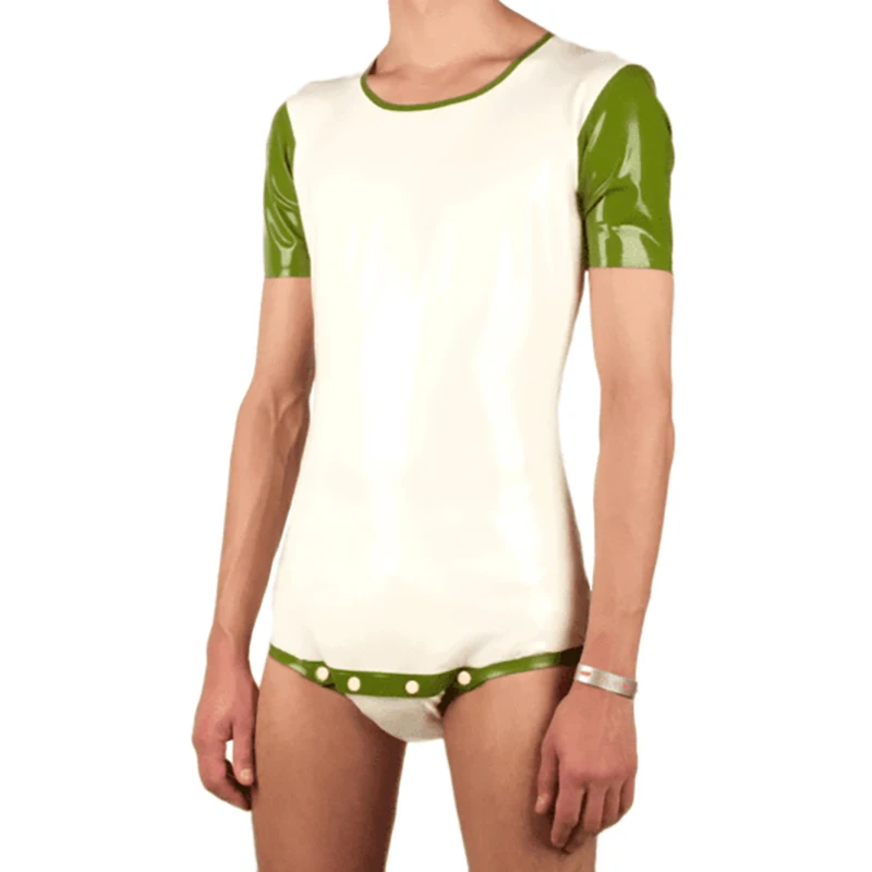 Apple Green And White Sexy Latex Bodysuit Diaper Buttons Rubber Catsuit Body Suit Zentai LTY-0326