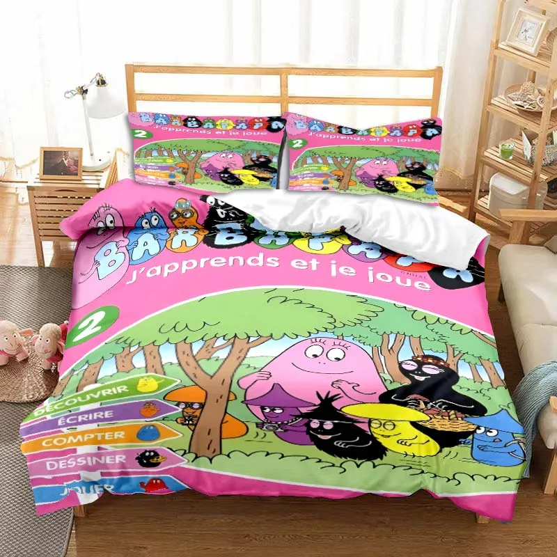 Cute Cartoon Les Barbapapa Pink Bedding Set Soft Duvet Cover Adult Kids Double Bed Queen Size King Bed Duvet Cover Pillow Case