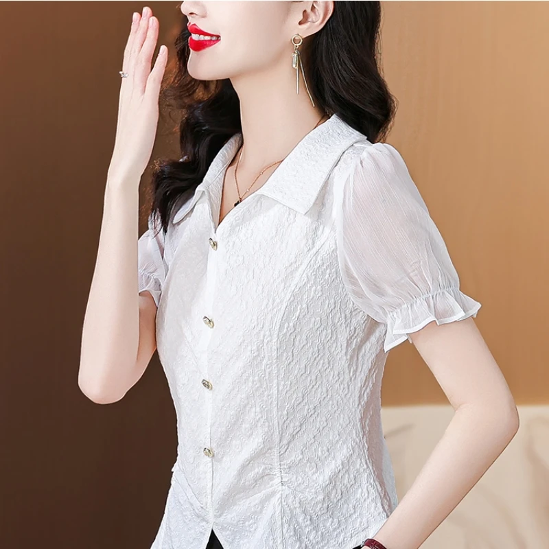 2024 Summer New White Shirt Design Sense Women\'s Bubble Sleeves French Style Slim Fit Gentle and Unique Pullover Shirt Short Sle