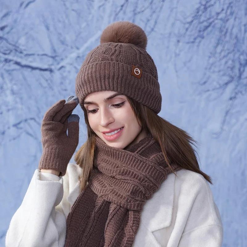 Gorro cálido de terciopelo para mujer, conjunto de bufanda, gorro tejido versátil a la moda, protección contra el frío, manga para la oreja, gorro de lana para la cabeza