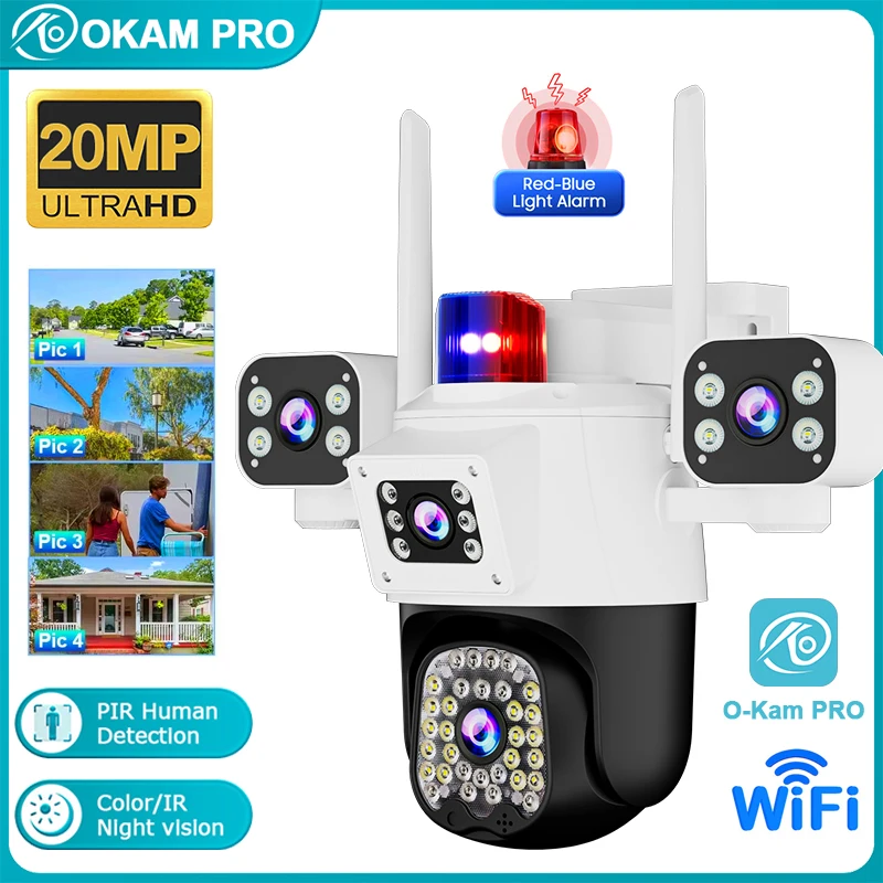 

OKAM PRO HD 20MP 4 Lens 4 Screen WiFi Camera Outdoor Waterproof Light Alarm Ai Mobile Tracking IP Camera 5X ZOOM Security Camera