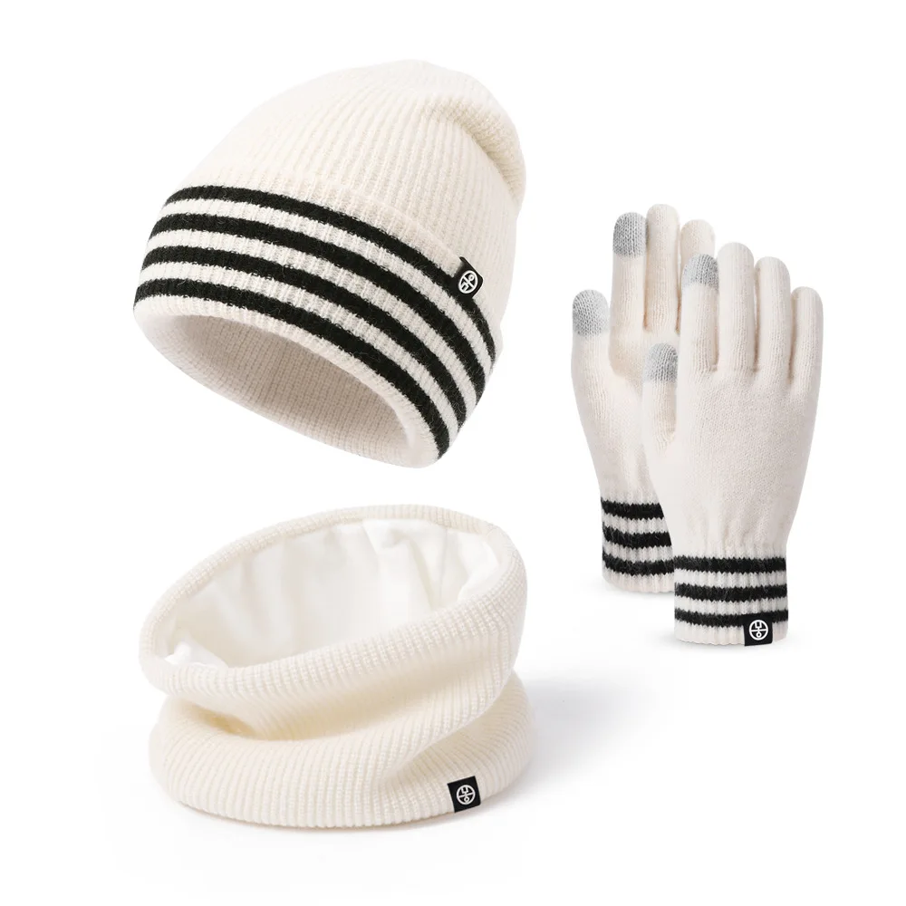 3pcs set winter beanies snood gloves women and men winter hats set short scarf striped knitted plush lining thickened