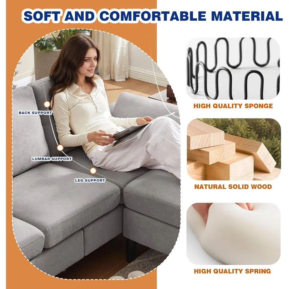 طقم أريكة مقطعية قابلة للتحويل مكونة من 4 قطع: أريكة من الكتان على شكل حرف L مع كرسي قابل للعكس، 3 مقاعد، مقعدين، كرسي بذراعين، مثالي للعيش