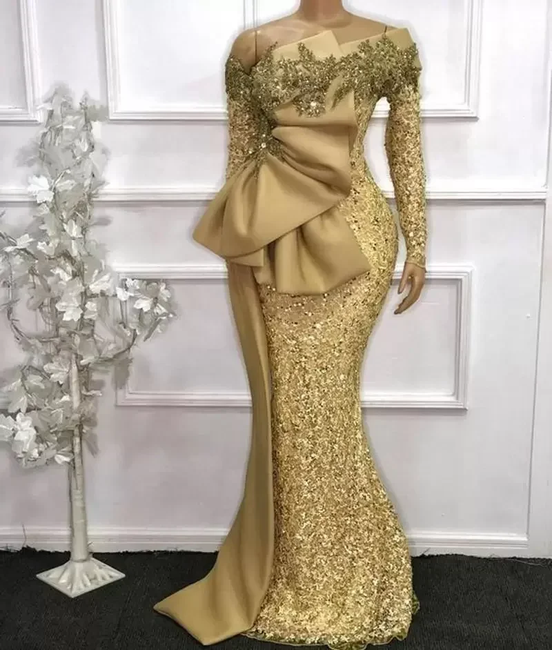 2024 African Gold Lace Mermaid Evening Dresses Plus Size Glitter Gold Sequins Long Sleeves Beaded Formal Prom Party Gowns