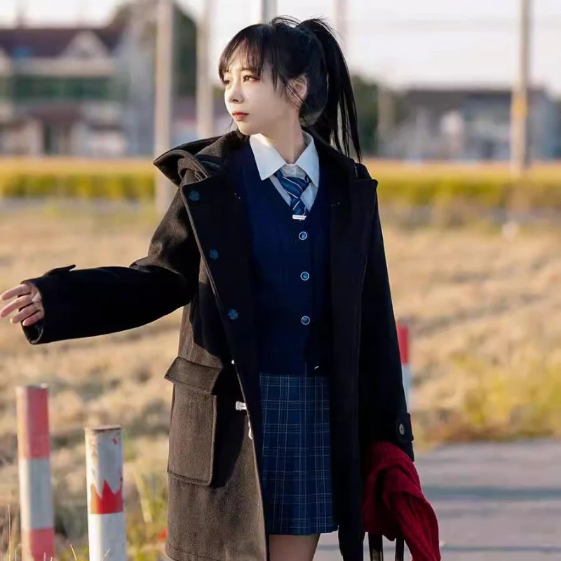 

Миниатюрное женское шерстяное пальто на осень-зиму 2025 года, серая, черная, с капюшоном и пуговицами с рогами, школьная куртка, теплая плотная верхняя одежда