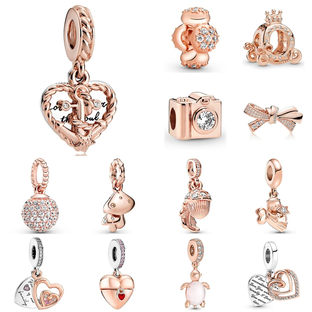 2024 New Rose Gold Plated Heart Pendants Diamond Charm Beads For Women DIY Bracelet Necklace Jewelry Accessories Festival Gifts