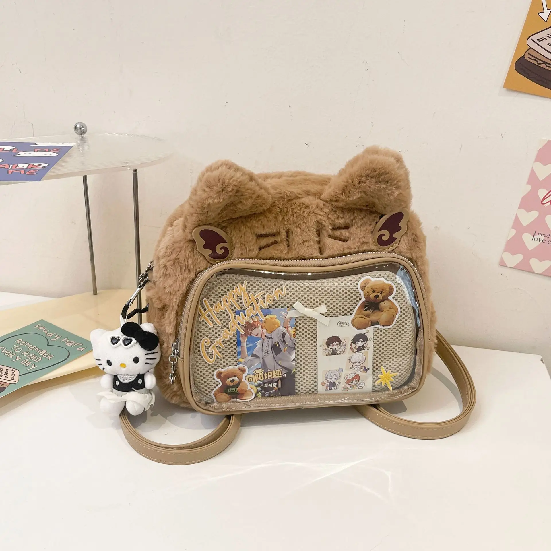 

Sweet Cute Cat Pink Mini Backpack Women Harajuku Aesthetic Plush Soft Ita Bag Messenger Bag Student Kawaii Backpacks