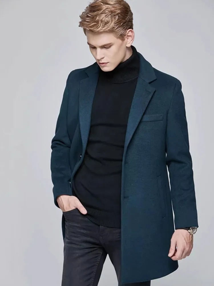 Autumn Winter Office Mens Slim Fit Woolen Coat Single Breasted Business Casual Solid Medium Long Overcoat Large Size 5XL 6XL