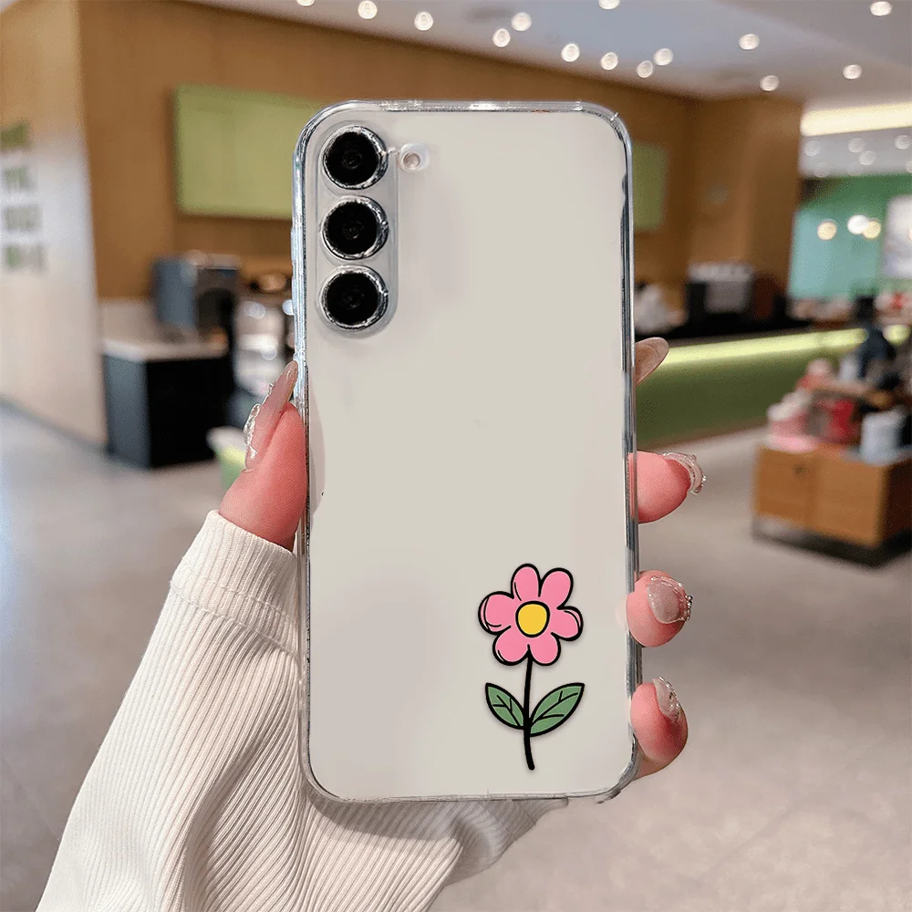Pink flower transparent phone case suitable for Samsung Galaxy S26 S25 S24 S23 S22 S20 FE/Ultra/Plus anti drop back cover