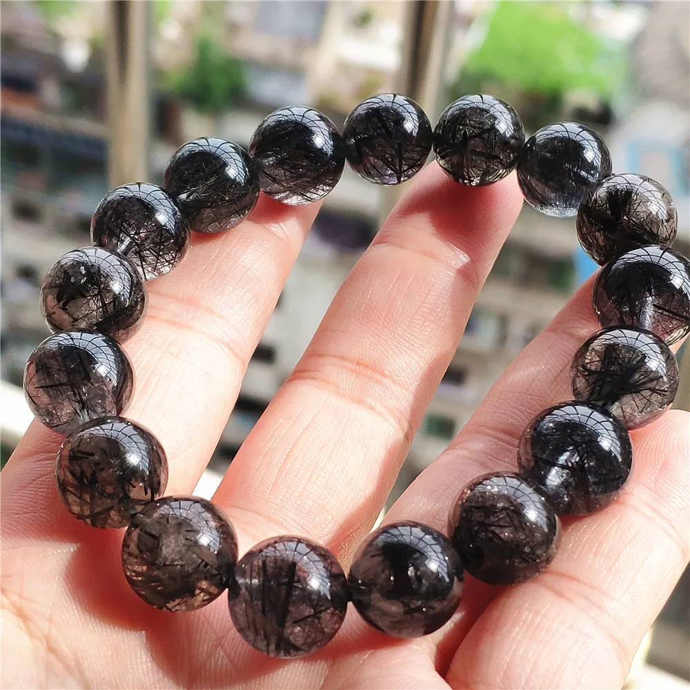 12mm Natural Black Rutilated Quartz Clear Beads Bracelet For Women Men Clear Round Beads Wealthy Bangle AAAAAAA