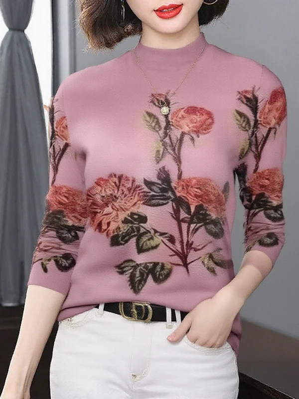 

Элегантная теплая базовая кофта с цветочным принтом и длинным рукавом, с воротником-стойкой, для женщин среднего возраста, из полиэстера