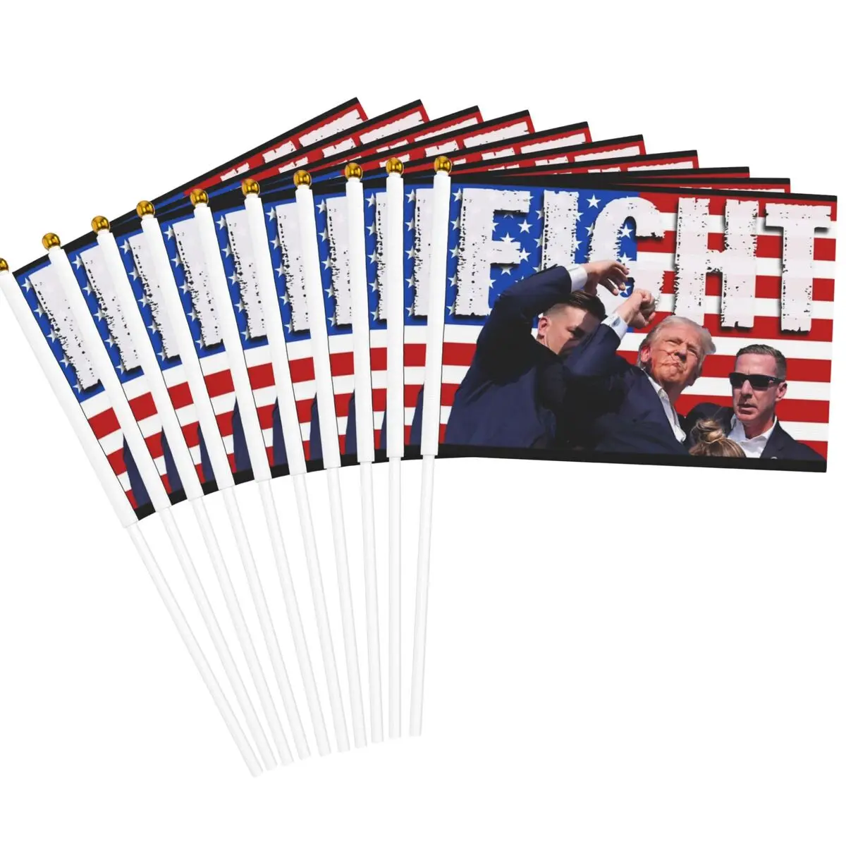 Trump Shot Failed Fight American Flag on Stick 5.5x8.3 inch 10 Pack Support Trump For President Handheld Flags Golden Spear Top