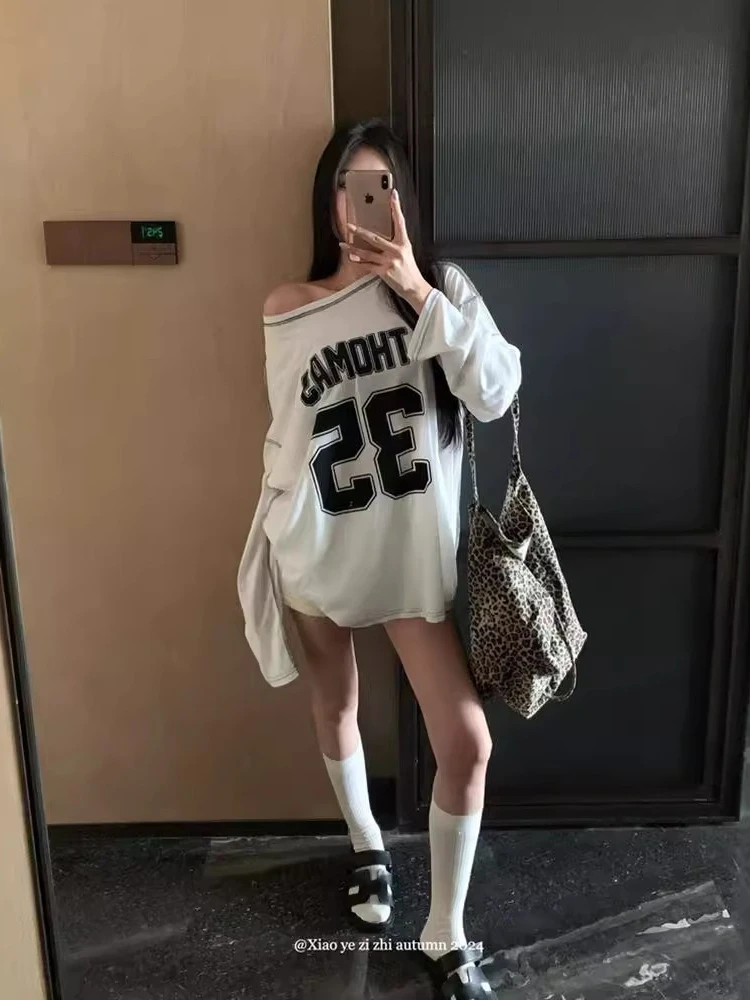 

Thin and Loose Fit American Style Spicy O Neck Off Shoulder T-shirts Women T-shirt Oversized Casual Long Sleeve Fashion Tops