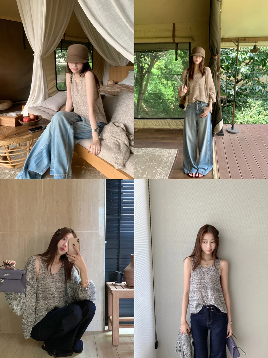 

Модный вязаный комплект с длинными рукавами и пайетками: женский кардиган, жилет на бретельках с вырезами, осенняя новинка для повседневной носки