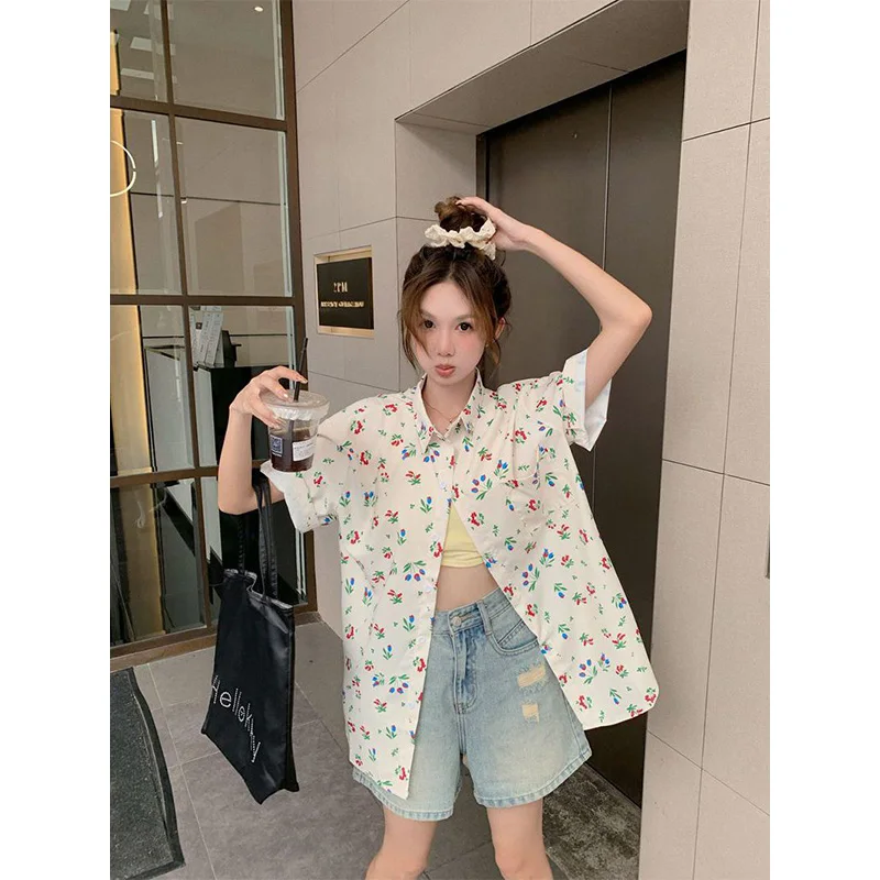 

Women Clothing Summer Fashion Casual Button Printing Solid Color Polo Collar Women Shirts All-match Young Style Short Sleeve Top