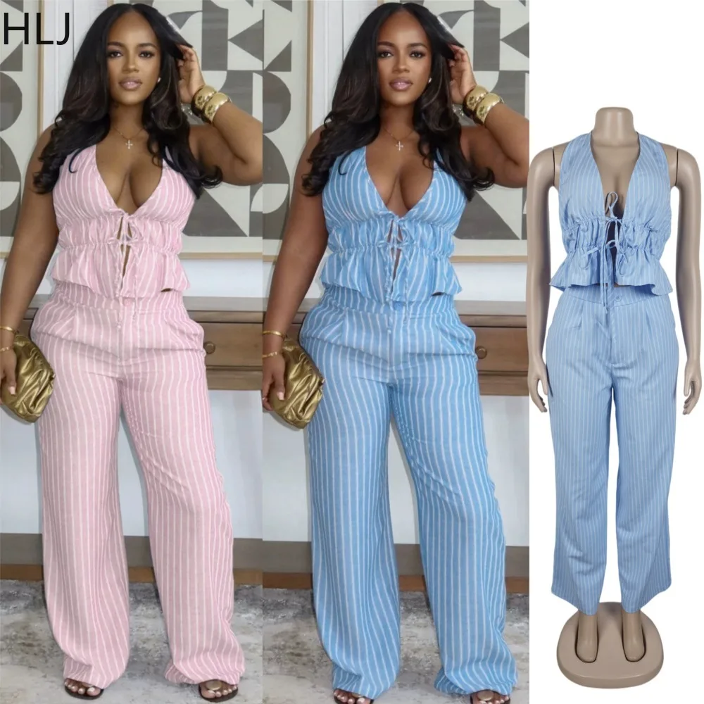HLJ Boho Stripe Halter Deep V Drawstring Ruched Waist Ruffle Hem Top High Waist Wide Leg Pants 2 Piece Set Women Streetwear New