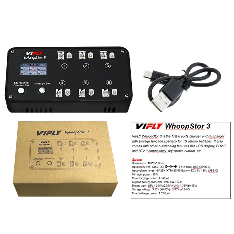

NEW VIFLY WhoopStor 3 V3 6 Ports 1S LIPO LiHV Battery Charger Discharger Storage LCD TYPE-C DC TX60 For RC FPV BT2.0 PH2.0