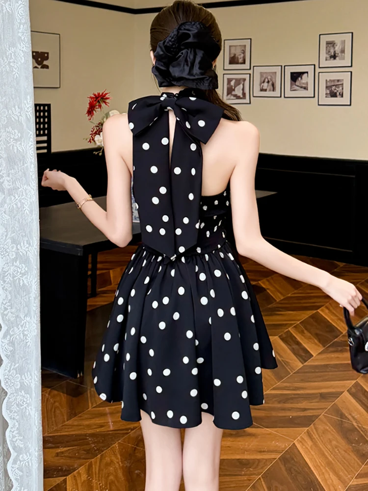 Mini robe d'été noire à pois, Chic, avec nœud sur le cou, Vintage, Hepburn, vêtements de bal, élégante, coréenne, moulante, 2025