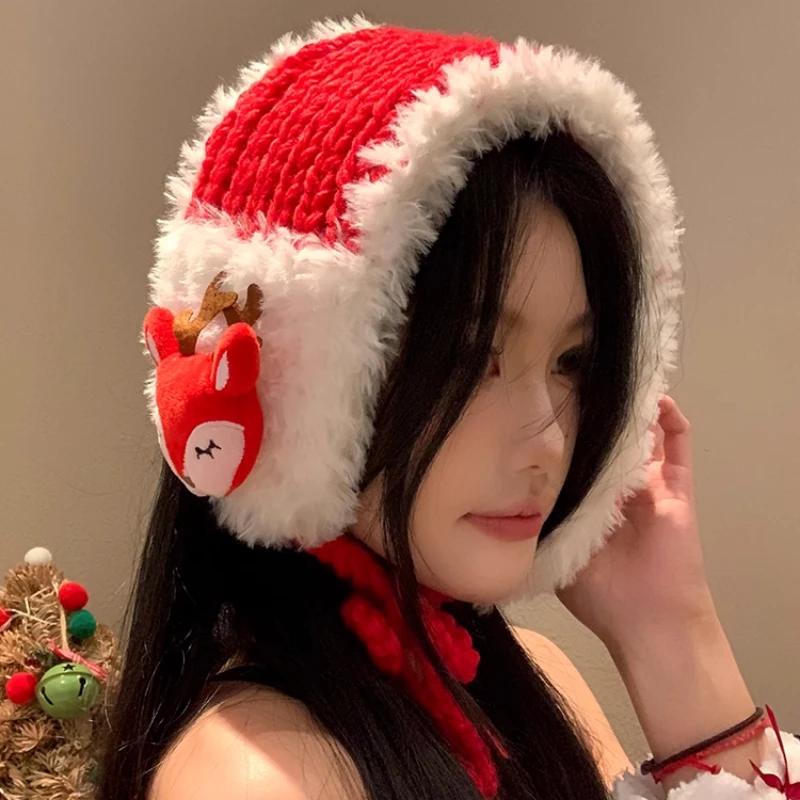 New Year's Atmosphere Red Plush Splicing Knitted Earmuffs for Women Autumn and Winter Travel Warm Versatile Cute Pullover Hat