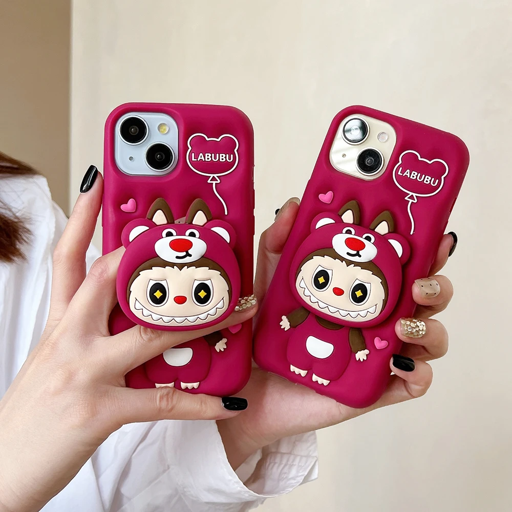 Cute 3D Cartoon Monsters Labubu Soft Silicone Case With Stand Holder Cover For iPhone 16 15 14 Plus 13 12 Pro Max 11