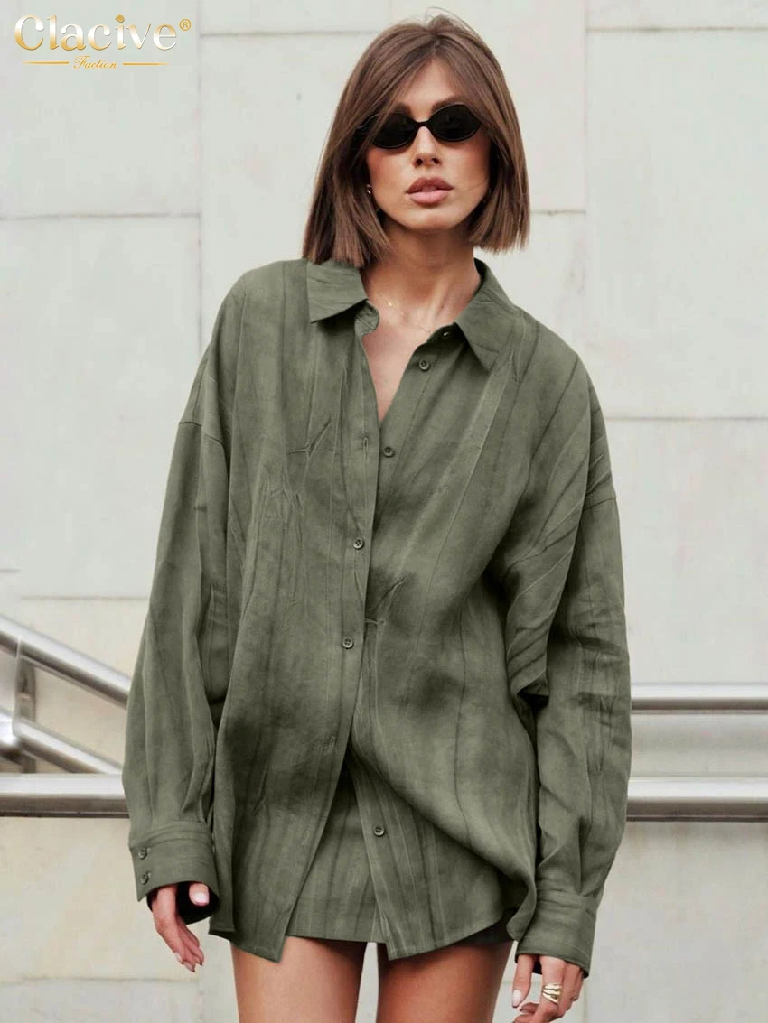 

Clacive Fashion Свободный комплект из 3 предметов цвета хаки 2025 Элегантная рубашка с длинным рукавом + топ-труба с высокой талией Мини-юбка Комплект женской одежды