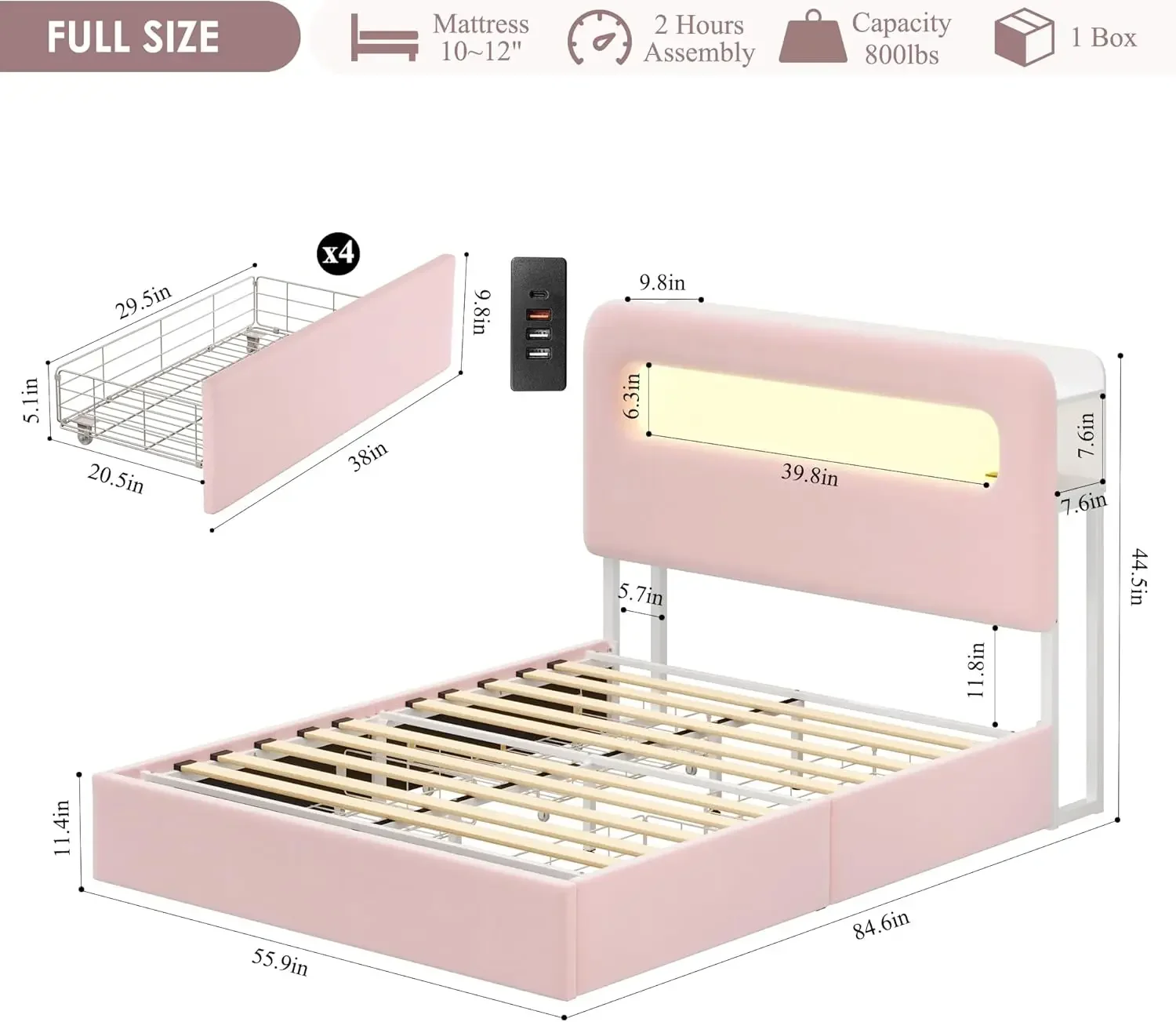 Full LED Bed Frame with Storage Headboard and Charging Station, Girls Bed Frame with 2 Drawers and USB Ports, Velvet Upholstered