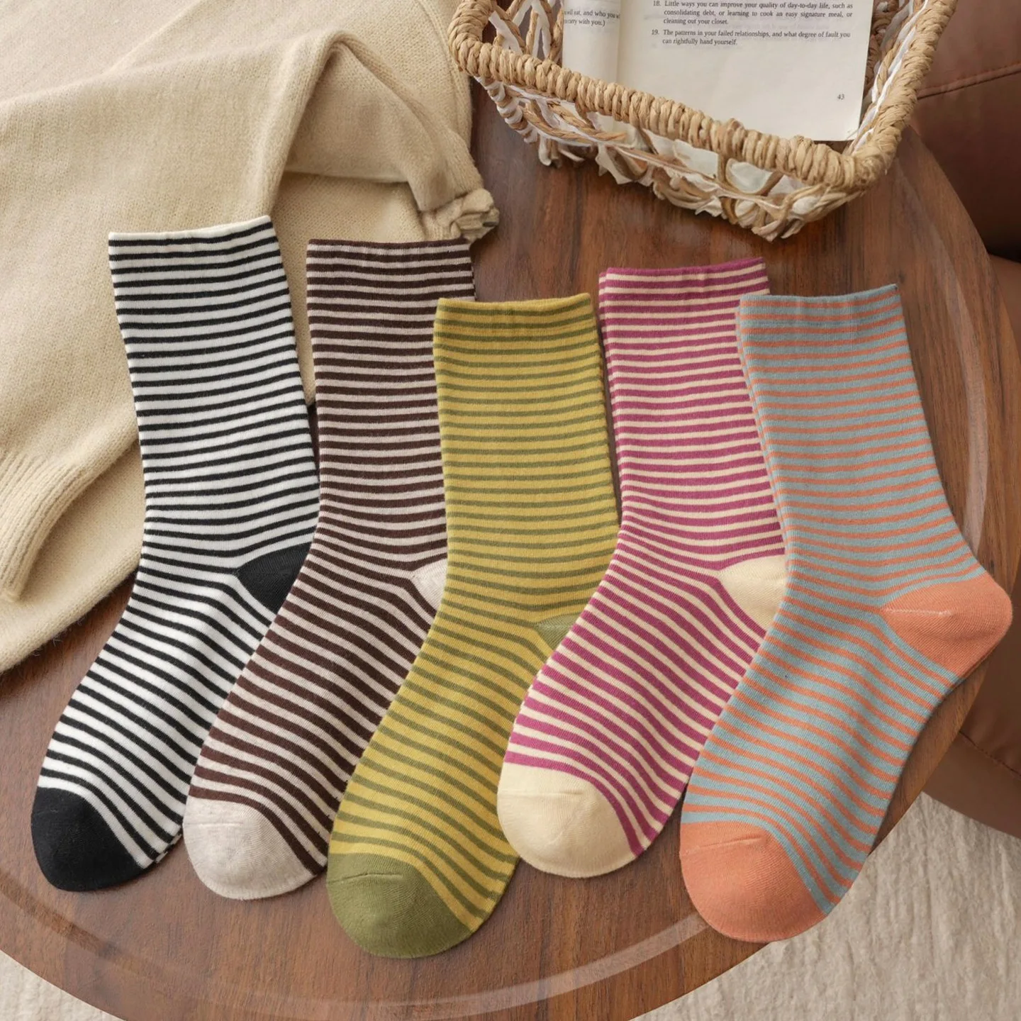 5 Pair Of Retro Striped Socks Women Medium Tube Socks Spring And Autumn Mid-calf Socks Korean Socks Japanese Socken