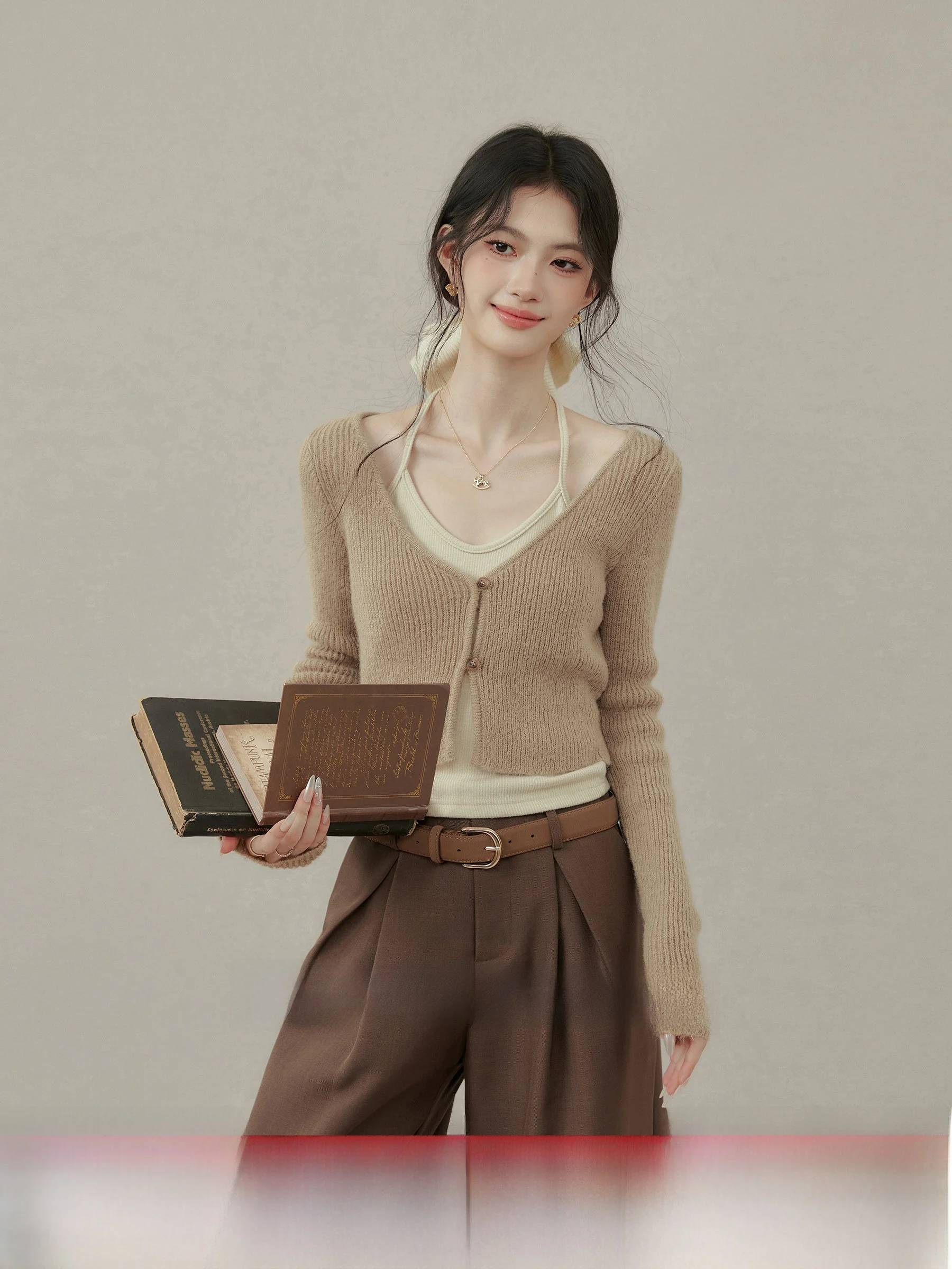 

Облегающий базовый трикотажный свитер для женщин больших размеров, осенний сезон, с длинными рукавами, на пуговицах