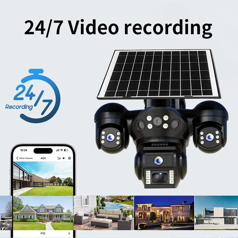 4G Solar Camera 9MP P2P V380 Pro APP Three Lens Solar Panel Battery-Powered IP Camera Outdoor Recharge Color Vision AOV Camera