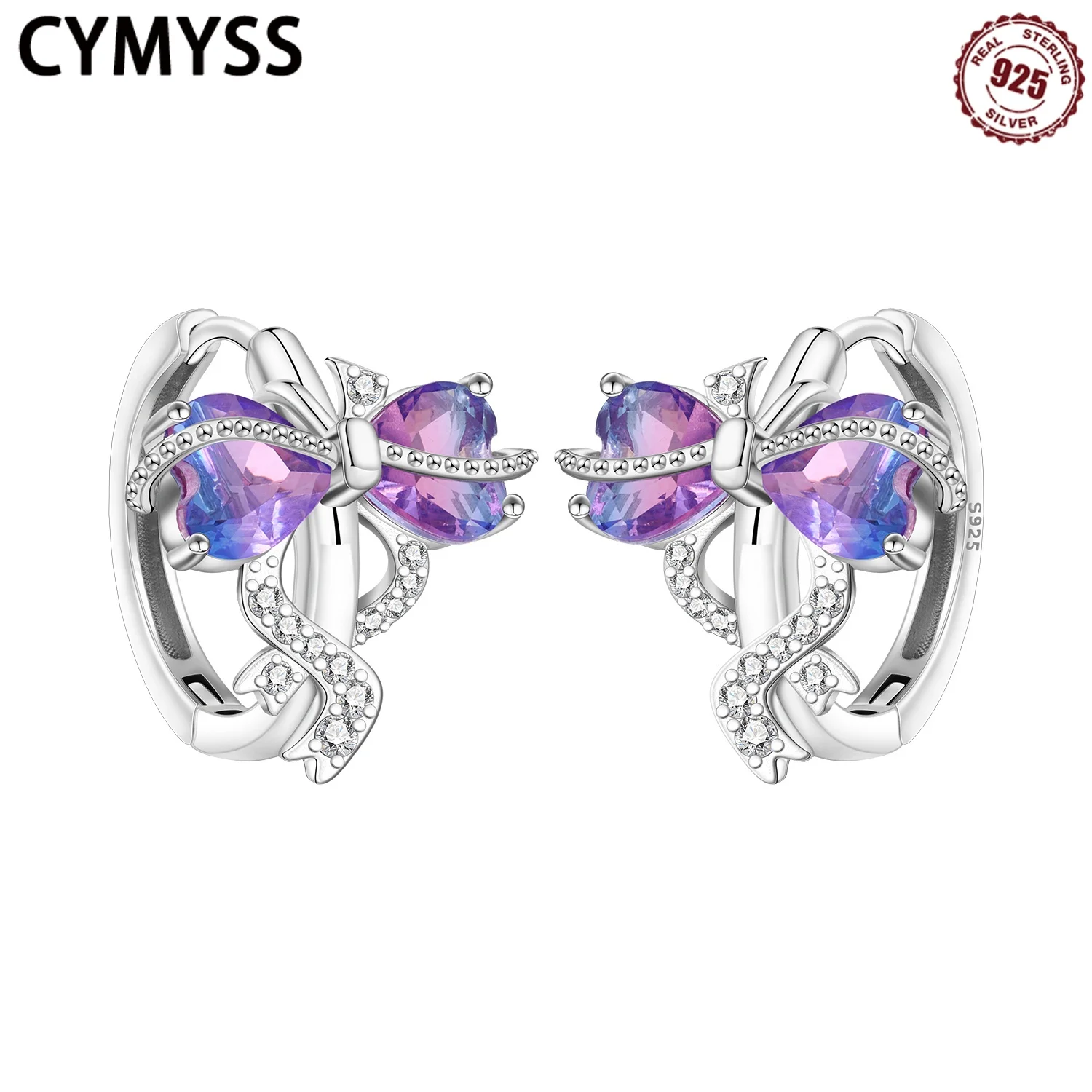 

CYMYSS 925 Sterling Silver heart-shaped Bow Earrings Design Jewelry Holiday Gift women's Earrings Zircon Earrings