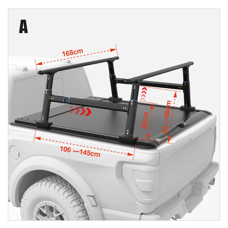 Low Profile Roof Truck Ladder Rack Adjustable Height Cross bar for Pickup with Roller Lid for Hilux tacoma tundra ram