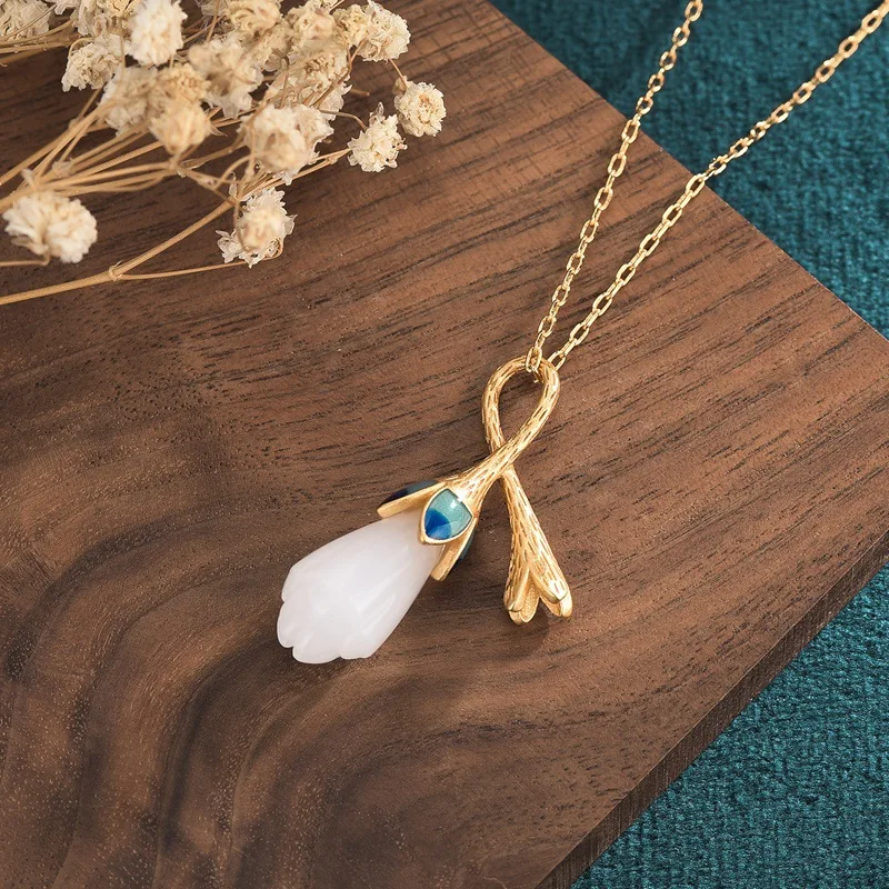 White Natural Jade Flower Pendant Necklace Stone Carved Gemstone Real Jewelry 18K Gold Plated Designer Luxury Gifts for Women