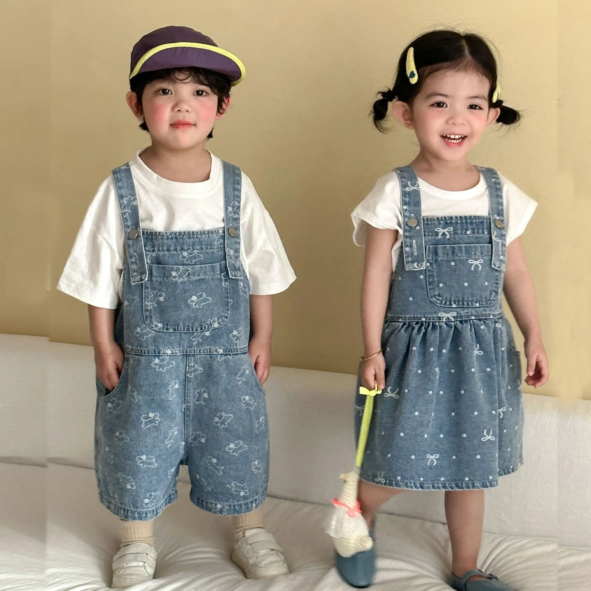 2026 Summer New Children Denim Overalls Boys Strap Jeans Shorts Girls Sling Dress Cute Kids Brother Sister Outfits Baby Clothes view 2