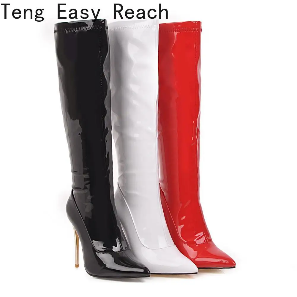 Fashion Knee High Boots Women\'s Winter Boots High Quality Women Shoes Knee-high Boots Red 2024 Winter New Sexy Patent Leather