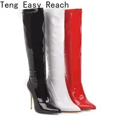 Fashion Knee High Boots Women's Winter Boots High Quality Women Shoes Knee-high Boots Red 2024 Winter New Sexy Patent Leather