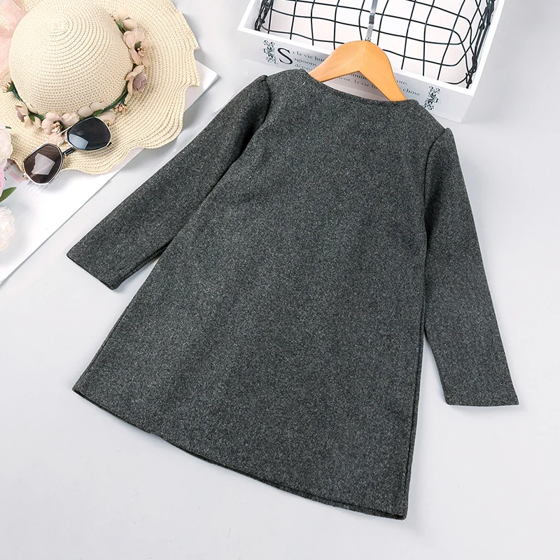 New Autumn Girls Dress Spring Kids Princess Dress Baby Toddle Gray Long-Sleeved Bow Daily Casual Dress Kids Clothing