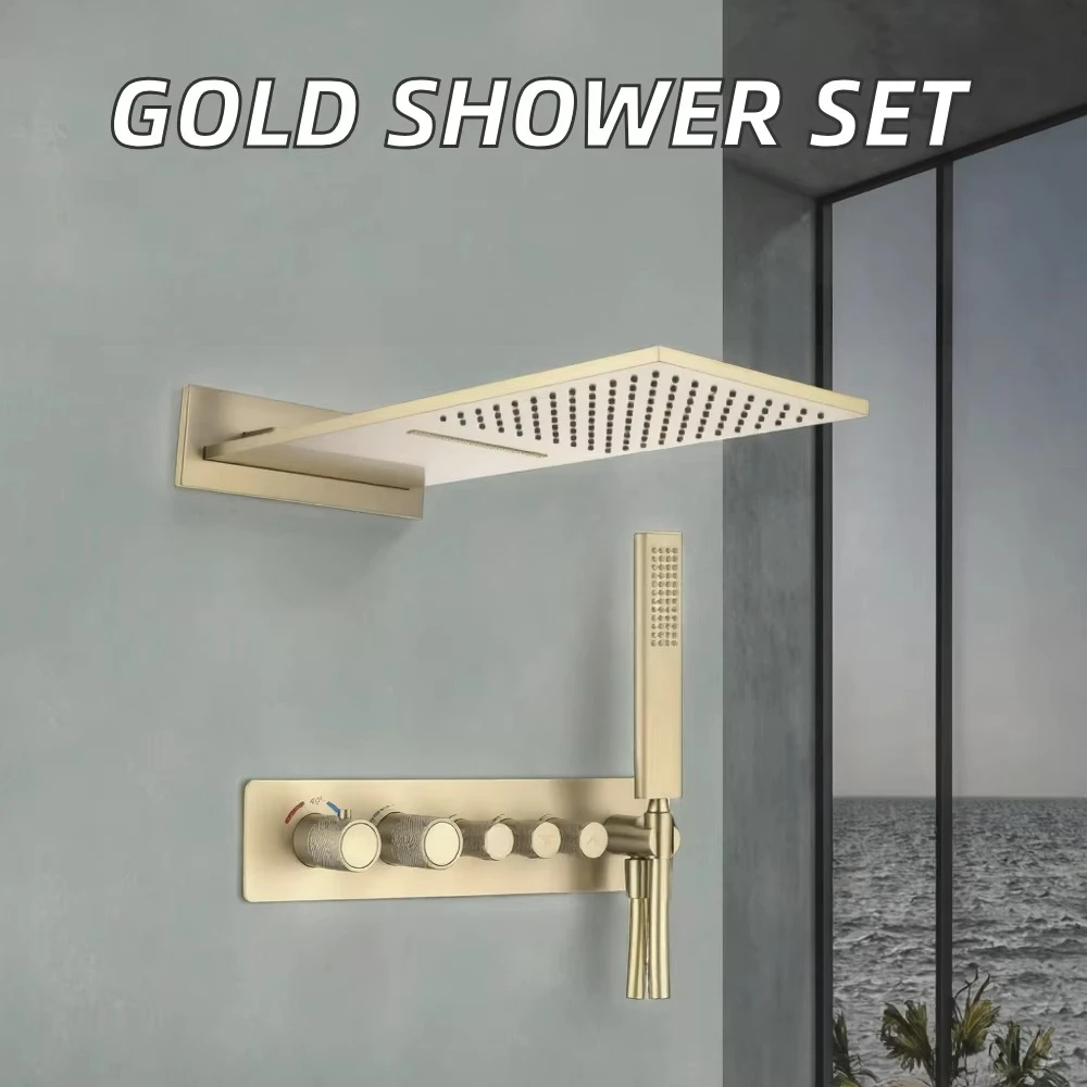 高品質真鍮製隠蔽型サーモスタットシャワー水栓 ブラッシュドゴールド レインフォール ウォーターフォール設置セット マッサージスプレーパターン