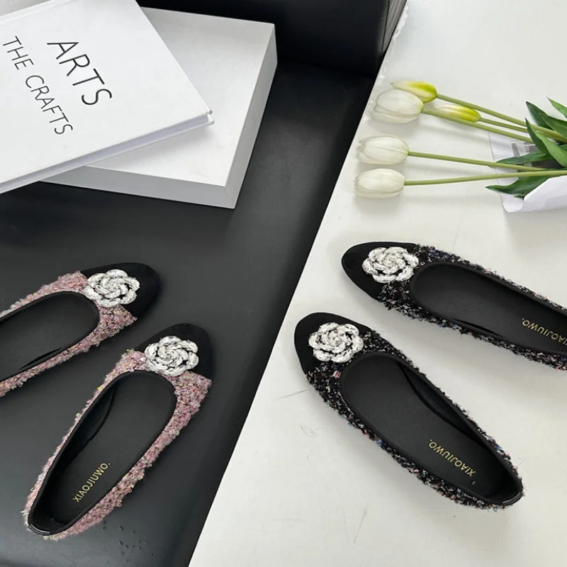 Designer Ballerina Flat Shoes Women Spring Fashion Sequin Soft Flat Heel Dress Single Shoes Crystal Flower Round Toe Granny shoe