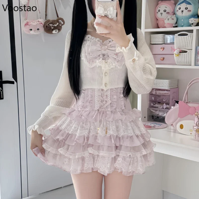 Japanese Sweet Lolita 2 Pieces Set Women Kawaii Bow Bandage Lace Floral Mini Dress Knitted Cardigan Birthday Korean Y2k Outfits