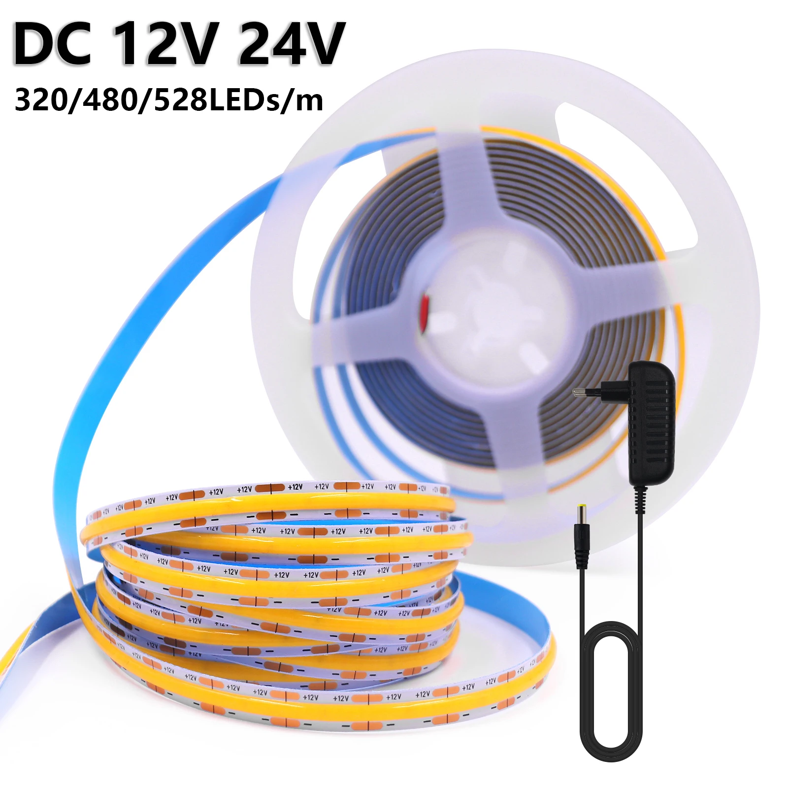 

12V 24V COB LED Strip With EU US Power Supply High Density 320 480 528LEDs/m Flexible COB LED Tape 8mm PCB Linear Lighting