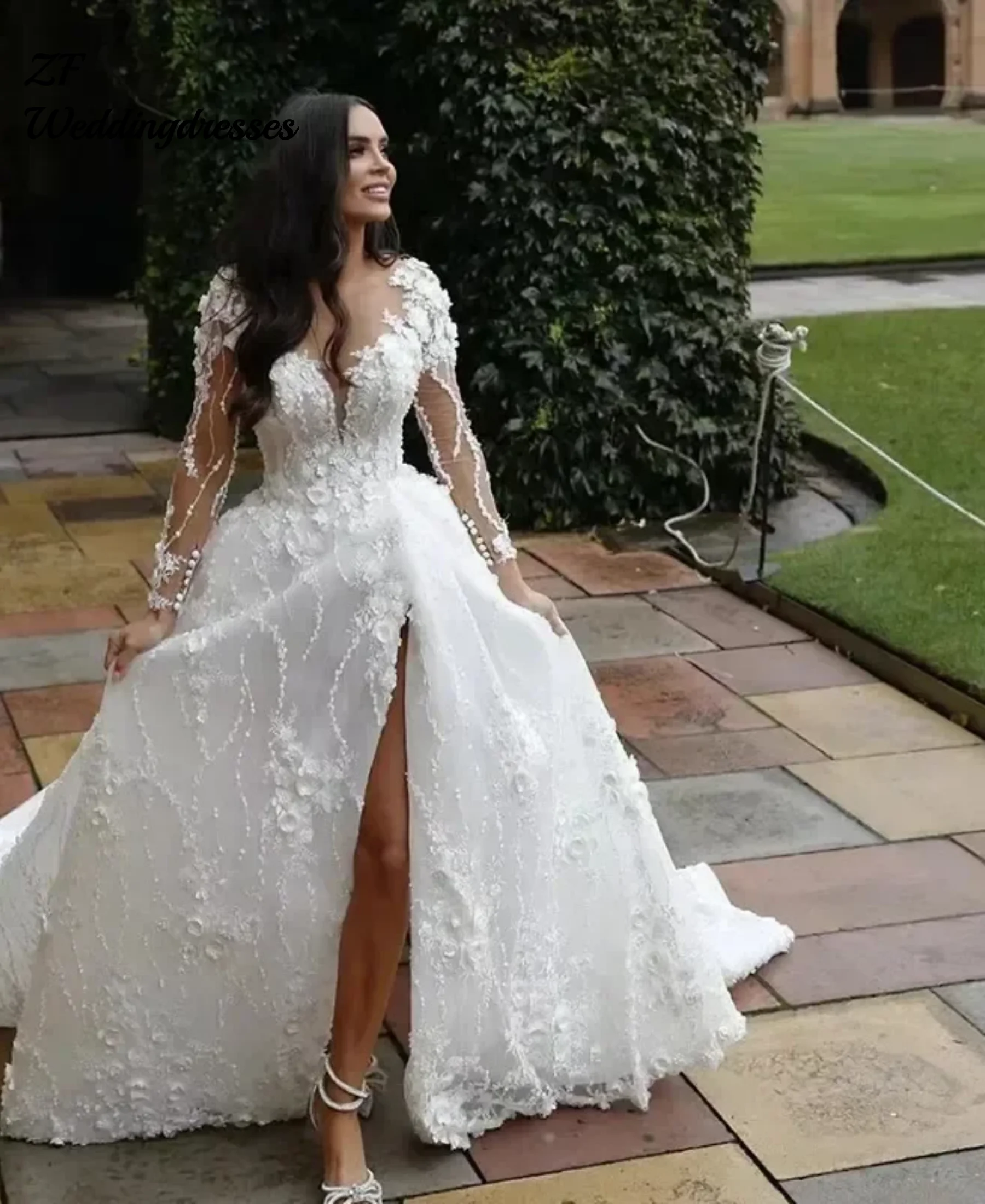 

Элегантное свадебное платье трапециевидной формы с 3D-аппликацией и блестящими кружевными аппликациями по индивидуальному заказу, с разрезом по бокам и длинными рукавами, свадебные платья Vestidos De Noiva