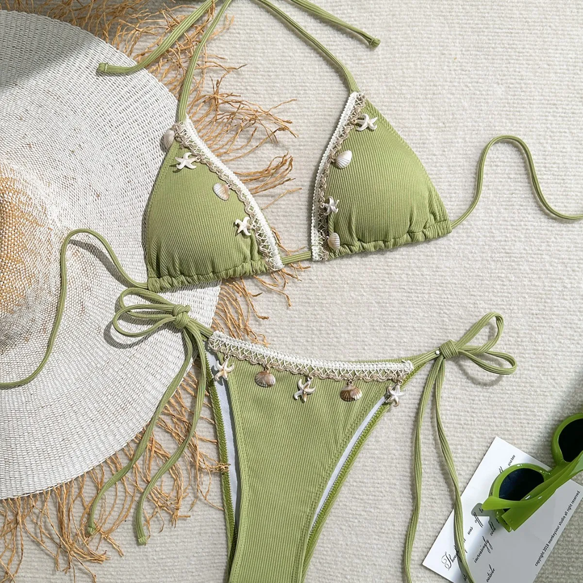 

Shell Decoration Ribbed Two-pieces Bikini Set Triangle Cup With Chest Pad Sexy Halter Strappy Swimsuit Bathing Suit for Lady