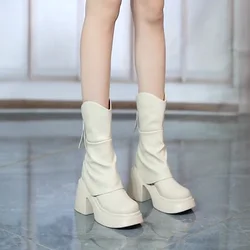 Fashion Round Toe Thick Sole All-match Ankle Boots Women's Chunky Heels Platform Comfortable Short Boots Increase Shoes 2024