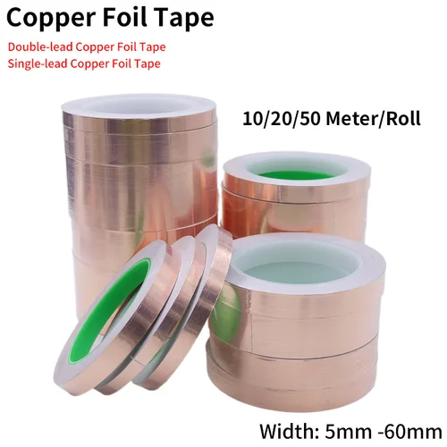 Cinta adhesiva de lámina de cobre de 10/20/50M, cinta adhesiva conductora de caracol de doble cara, blindaje EMI, cintas de reparación eléctrica de circuito DIY
