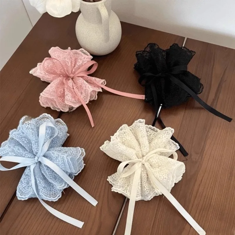 Lace Ruffle Drawstring Hair Scrunchies 4 Layer Adjustable Elastic Ponytail Bands Tie Bow Women Girls Daily Ropes Gift