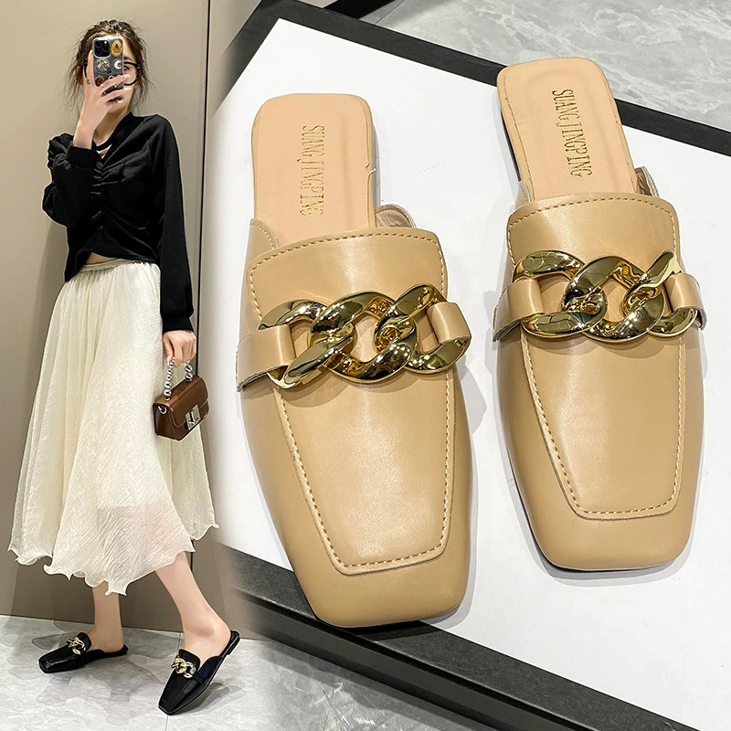 these trendy slippers are comfortable and breathable Elegant Women Summer Flip Flops Chain Square Toe Slippers Sandals Shoes Wo