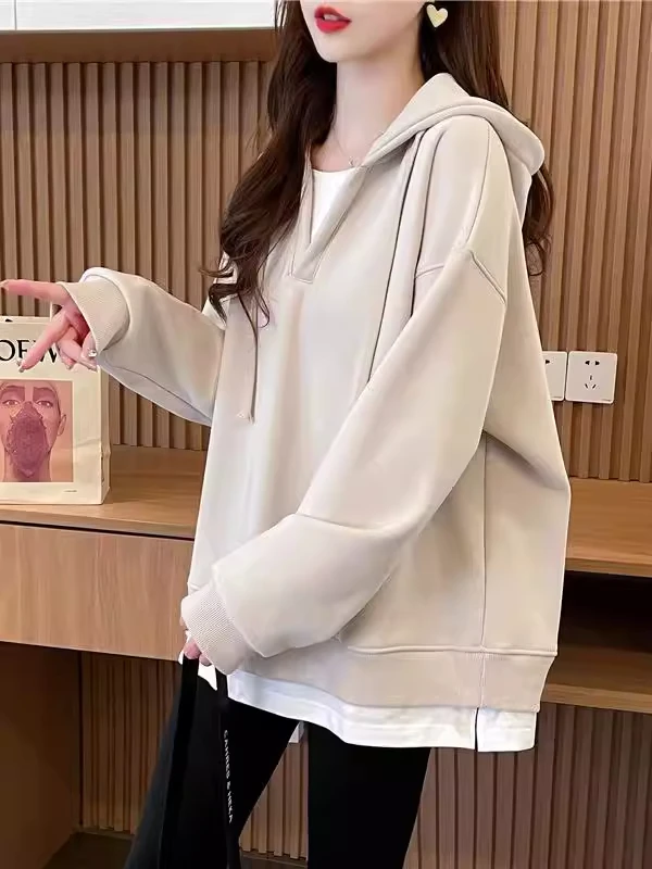 

Extra Large 300 Pounds Design Sense Splice Split Hoodie Women's Loose Casual Elegant Fake Two-Piece Top Polyester Fiber