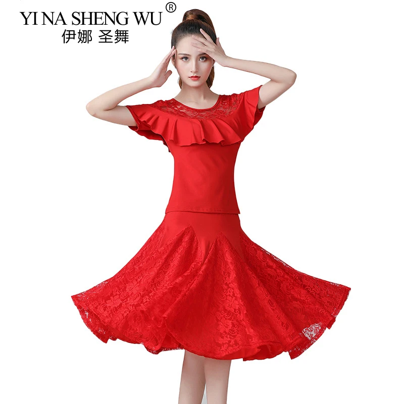 Nowy strój do tańca latynoamerykańskiego Koronkowy krótki rękaw Sukienka do tańca towarzyskiego Trójkrokowy strój do tańca Strój do występów tanecznych Zestaw 2-częściowy Top Spódnica