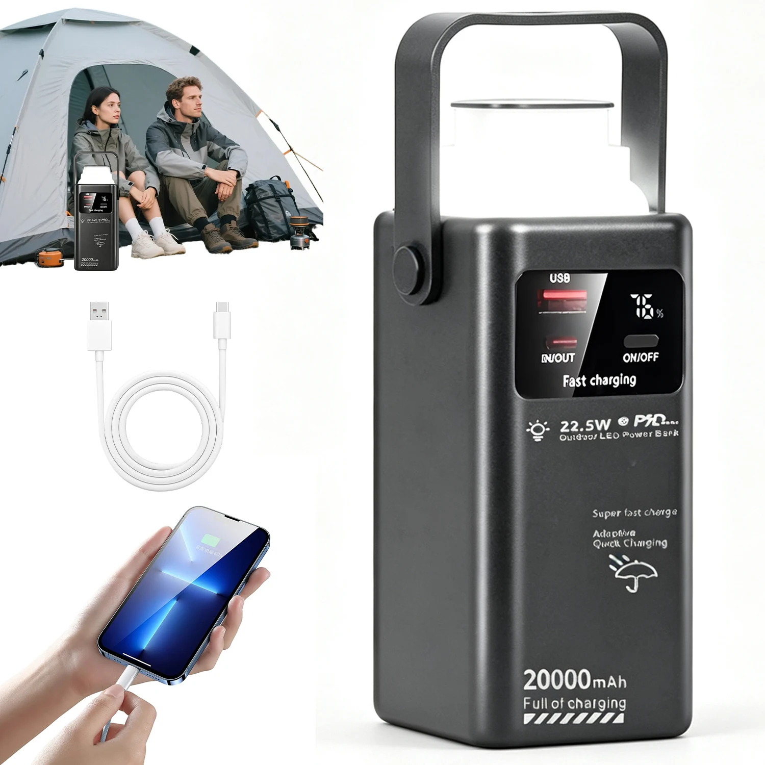 20000mAh Hochleistungs-Outdoor-Powerbank mit integrierter LED-Taschenlampe, tragbarer externer Akku, Notladegerät für Camping, Wandern, Reisen und mobile Geräte